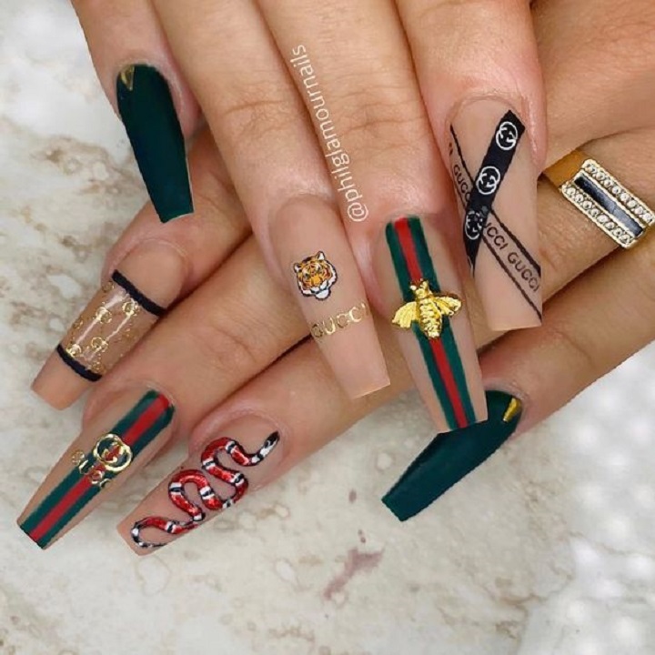 Louis Vuitton Press on Nails  Gucci nails, Gold acrylic nails