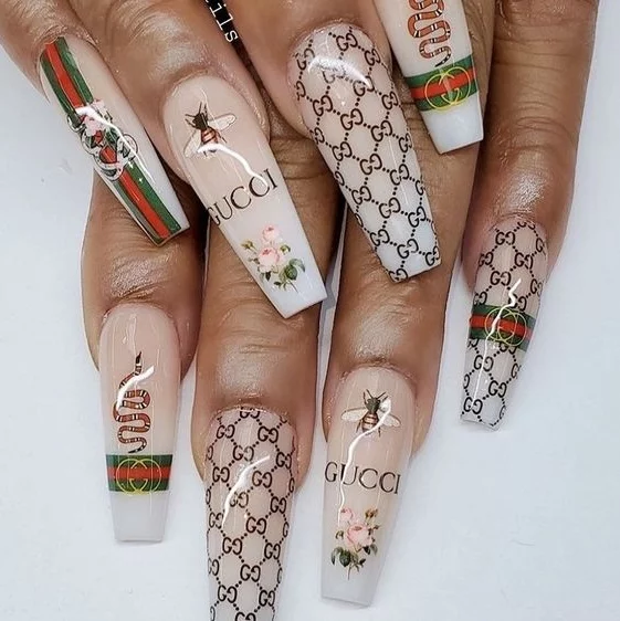 LV NAILS  Gucci nails, Long acrylic nails, Fake nails