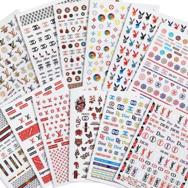 GetUSCart- Ultimate Luxury Logo Designer Brands Inspired Nail Stickers 6  Sheets Self-Adhesive Popular Nail Art Decals Foils for Nail DIY Manicure,  Gold, Black, White, Multicolor (+600pcs)