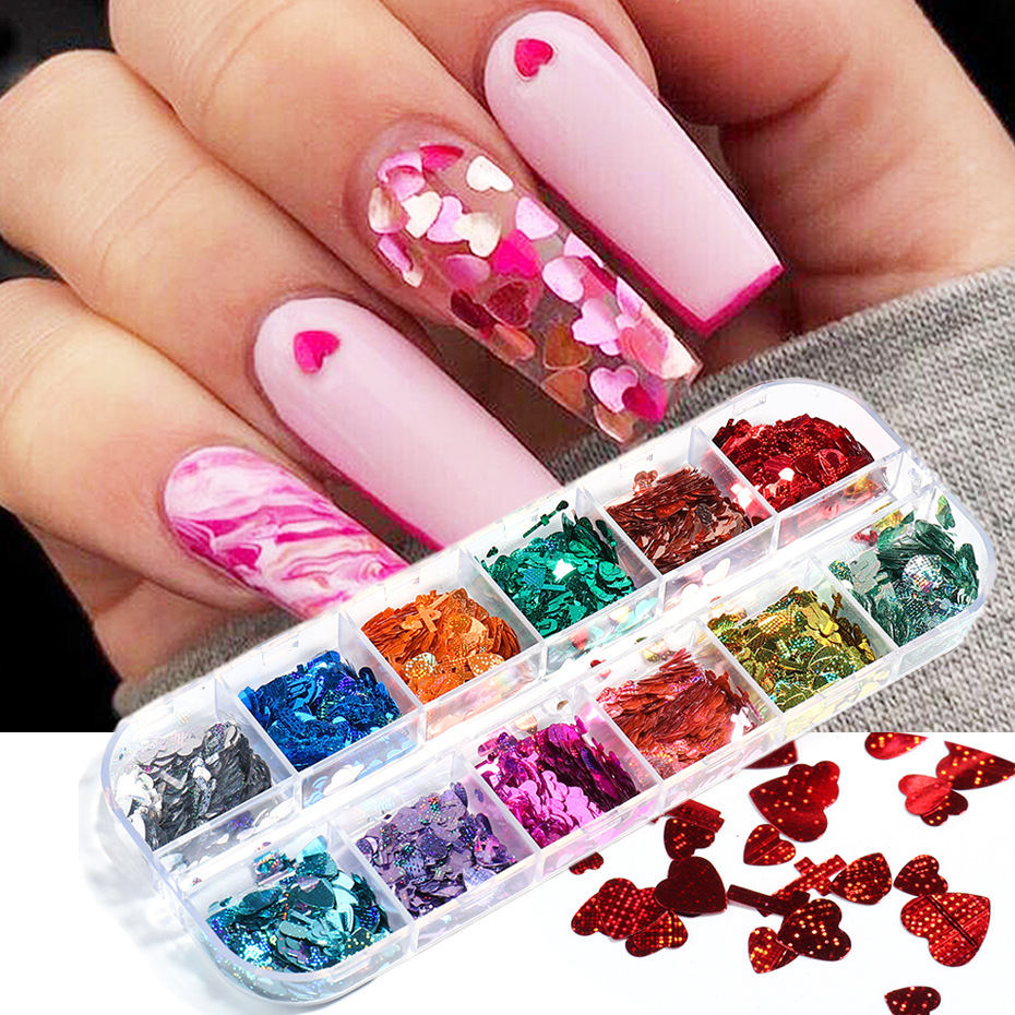  6 Grids 3D Heart Glitter Nail Sequins Holographic Heart Nail  Art Stickers Love Valentines Nail Decals Red Rose Gold Black Heart Glitter  for Nails Design Charms Sparkle Glitter Nail Art Decoration 
