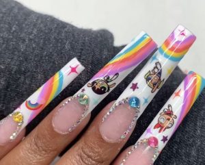 Powerpuff Girls nail art done with stickers