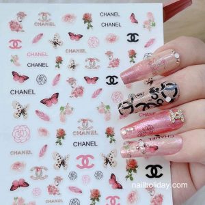 chanel nail set with pink aticker
