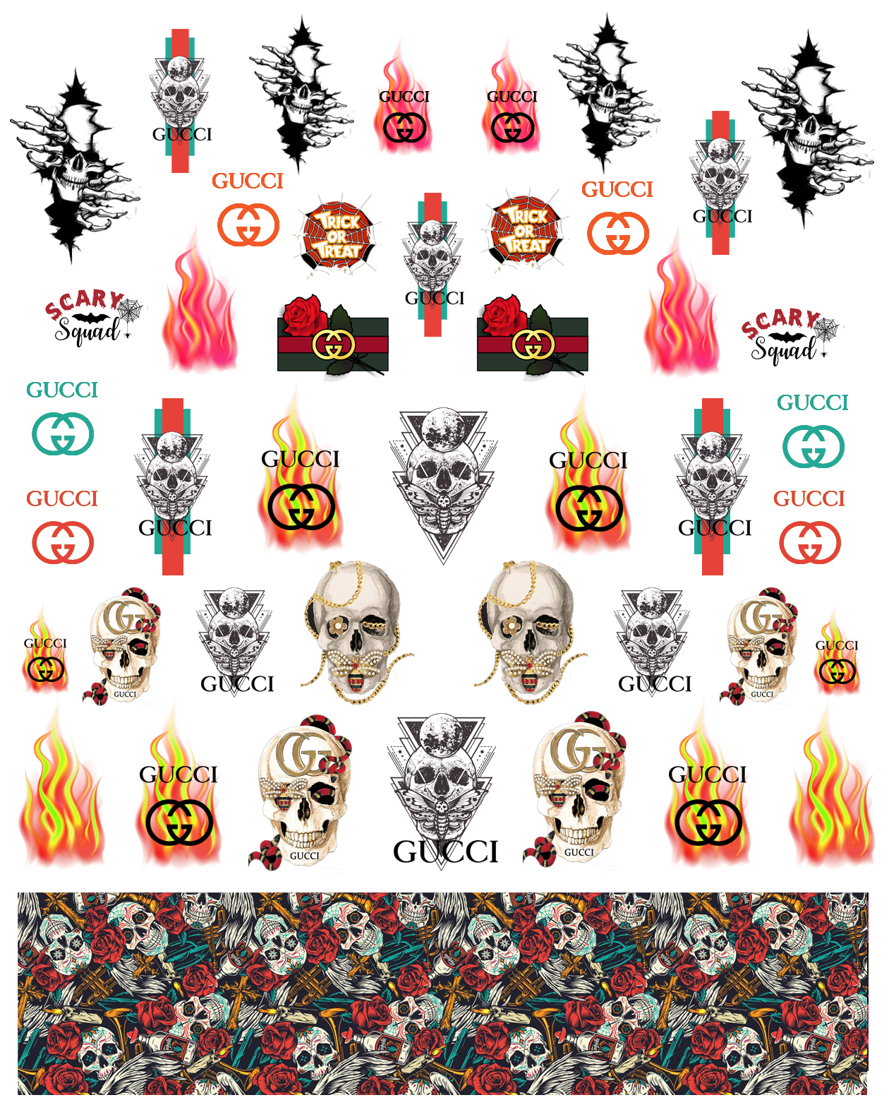 6 Sheets Skeleton GUCCI Nail Stickers